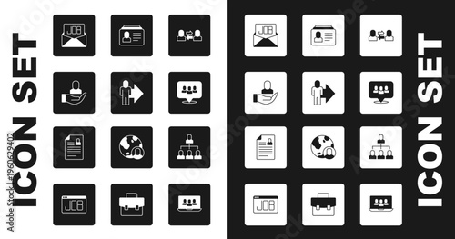 Set Exchange work, Leader of team of executives, Worker, Search job, Project base, Resume, Employee hierarchy and icon. Vector
