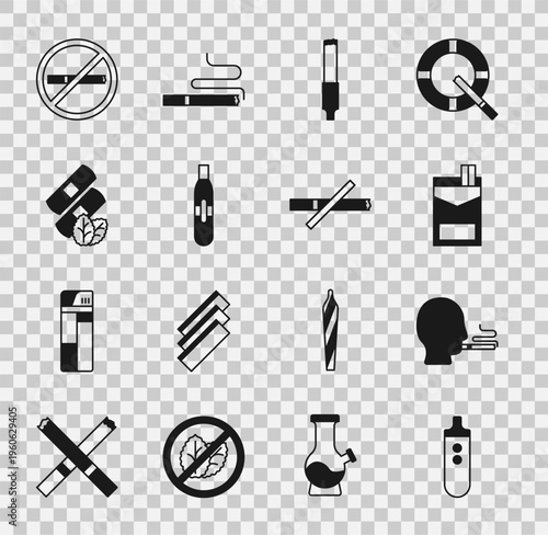Set Electronic cigarette, Man smoking, Cigarettes pack box, Medical nicotine patches, No and icon. Vector
