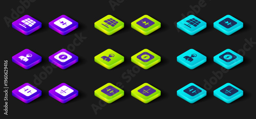 Set Electrolytic capacitor, Electrical symbol ground, Electrician, Lightning bolt, Diode electronic circuit and Solar energy panel icon. Vector