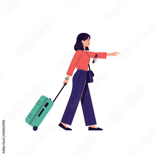Woman with suitcase, pointing, traveling, walking, flat illustration, isolated on white