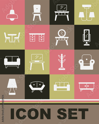 Set Furniture nightstand, Armchair, Big full length mirror, Dressing table, Office desk, Table with, Lamp hanging and icon. Vector