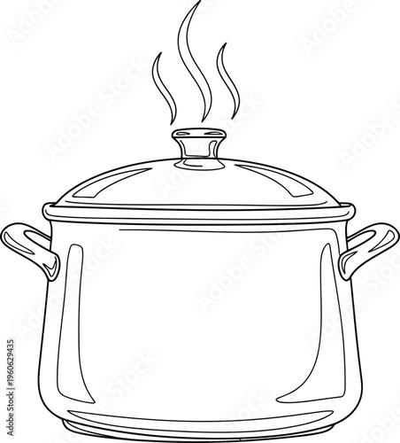 A black and white drawing of a steaming pot