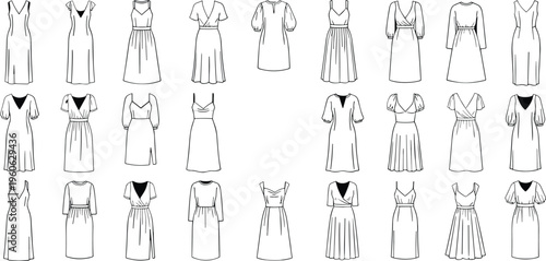 fashion, dresses, collection, technical, drawing, womens, apparel, set, flat, vector, illustration, clothing, design, template, outline, casual, elegant, midi, summer, style