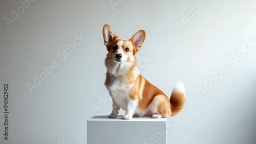 Adorable corgi sits proudly on a pedestal. This video captures the charm and personality of this fun-loving breed. Perfect for dog lovers. Showcasing a unique style. AI