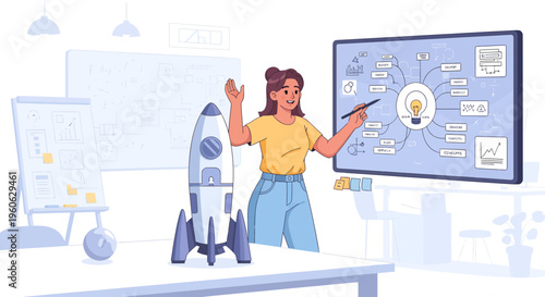 Woman presenting rocket launch strategy on digital board.