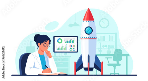 Woman Scientist Works on Rocket Launch Project.