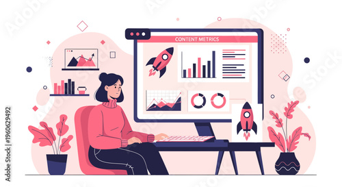 Woman working on computer with business growth charts and rockets.