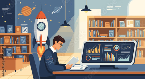 Young man studying data on computer screen.