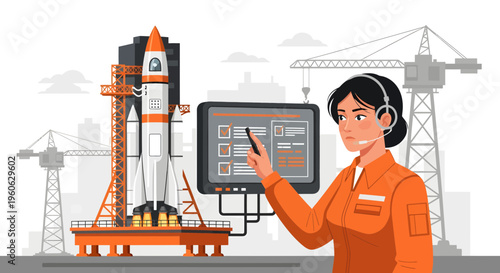 Astronaut woman in orange suit with headset pointing at screen near rocket.