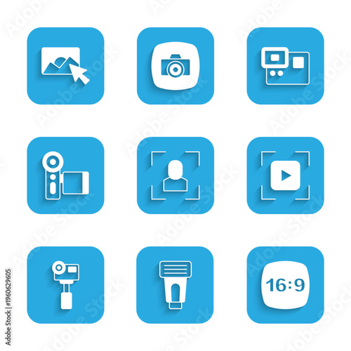 Set Camera focus frame line, Photo camera flash, 16, Action extreme, Cinema, and retouching icon. Vector