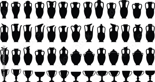Black silhouette collection of ancient amphorae, jugs, urns, and trophy cups showcasing classical vessel shapes and decorative container design variations