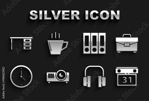 Set Movie, film, media projector, Briefcase, Calendar, Headphones, Clock, Office folders, desk and Coffee cup icon. Vector