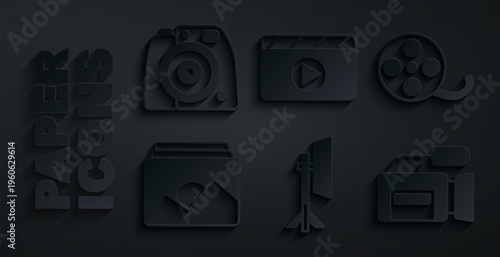 Set Studio light bulb in softbox, Film reel, Photo frame, Cinema camera, Movie clapper and icon. Vector