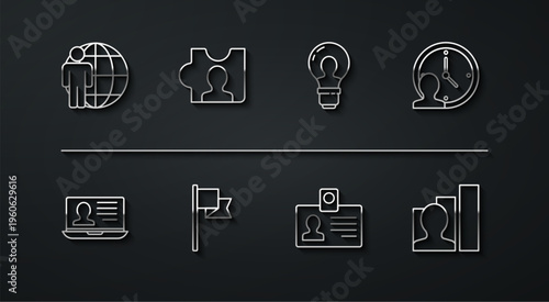 Set line Head hunting, Laptop with resume, Time Management, Identification badge, Location marker, Productive human and lamp bulb icon. Vector