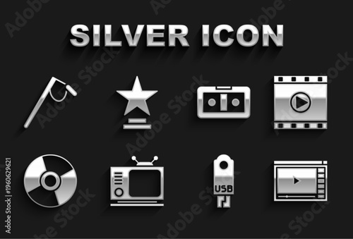 Set Retro tv, Play Video, Online play video, USB flash drive, CD or DVD disk, VHS cassette tape, Microphone and Movie trophy icon. Vector
