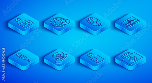 Set line Bottle of medicine syrup, Cross hospital medical, IV bag, Heart with cross, Laptop cardiogram, Medical digital thermometer and First aid kit icon. Vector