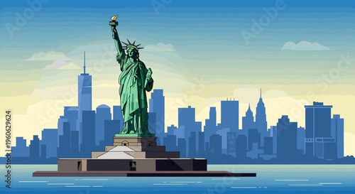 Stylized flat design illustration of the iconic Statue of Liberty standing prominently in New York Harbor with the Manhattan skyline in the background under a clear sky.