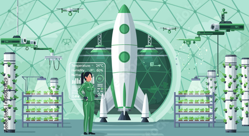 Astronaut tending to plants inside a futuristic biodome.