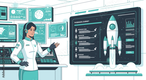 Astronaut Woman Presenting Rocket Launch Mission Control Data.