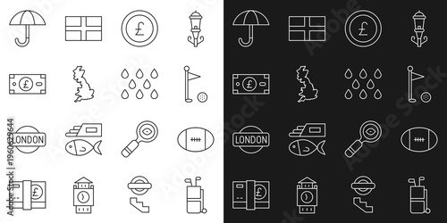 Set line Golf bag with clubs, Rugby ball, flag, Coin money pound, England map, Pound sterling, Umbrella and Water drop icon. Vector