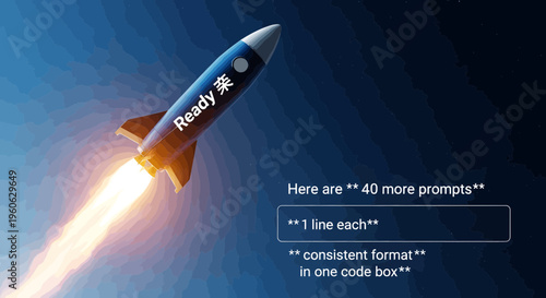 Blue Rocket Launching into Space with Fiery Exhaust.