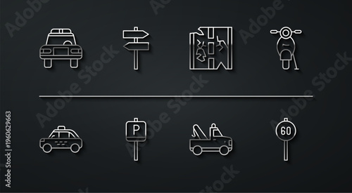 Set line Police car and flasher, Taxi, Scooter, Tow truck, Parking, Road traffic signpost, Speed limit and Broken road icon. Vector