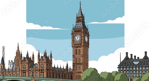 A detailed illustration of the iconic Elizabeth Tower, commonly known as Big Ben, with the Houses of Parliament in London under a cloudy sky.