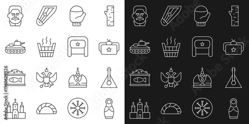 Set line Russian doll matryoshka, Balalaika, Ushanka, Christmas mitten, Sauna bucket, Military tank, Joseph Stalin and icon. Vector