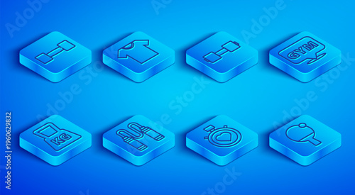 Set line Dumbbell, T-shirt, Jump rope, Heart in the center stopwatch, Location gym, Weight and Racket and ball icon. Vector