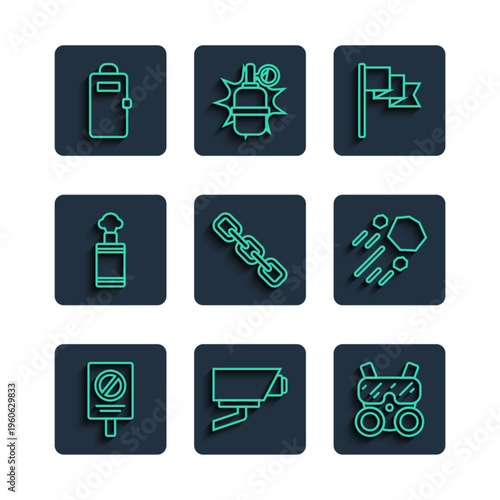 Set line Protest, Security camera, Gas mask, Location marker, Chain link, Hand grenade, Police assault shield and Flying stone icon. Vector