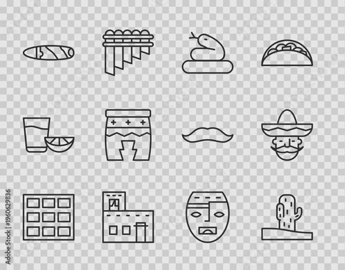 Set line Chocolate bar, Cactus, Snake, Mexican house, Cigar, Huehuetl, Aztec mask and man sombrero icon. Vector