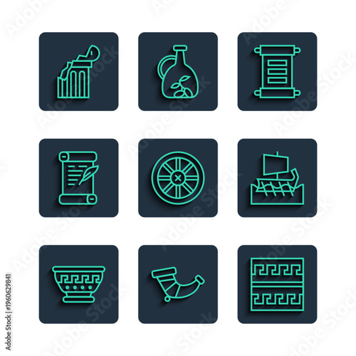 Set line Greek ancient bowl, Hunting horn, Ancient pattern, Decree, parchment, scroll, Old wooden wheel, Broken column and trireme icon. Vector