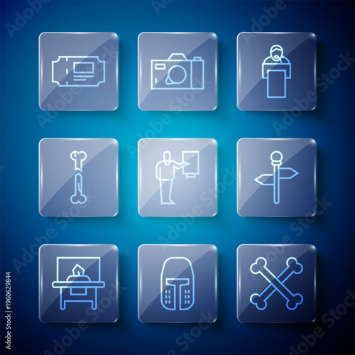 Set line Glass showcase for exhibit, Medieval iron helmet, Crossed human bones, Gives lecture, Museum guide, Human broken, ticket and Road traffic signpost icon. Vector