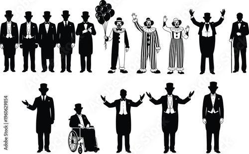 Black-and-white silhouette illustration of men in tuxedos, top hats, and clowns in costumes with props, showcasing formal attire, circus style, and vintage decorative art