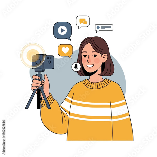 Young woman vlogger filming with camera and social media icons