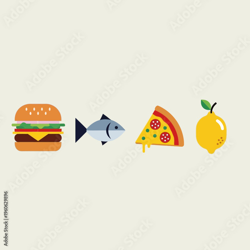 Diverse food icons: burger, fish, pizza slice, and lemon on a plain background