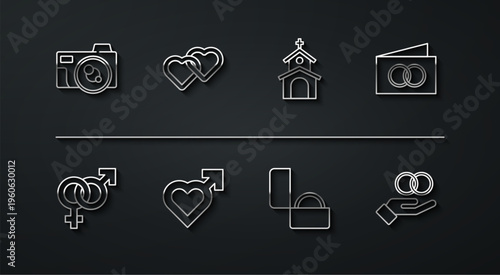 Set line Photo camera, Gender, Greeting card, Diamond engagement ring, Heart with male gender, Two Linked Hearts, Wedding rings and Church building icon. Vector