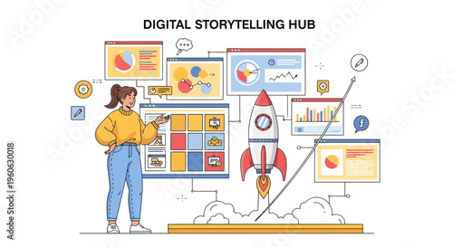 Digital Storytelling Hub Concept with Rocket Launch.