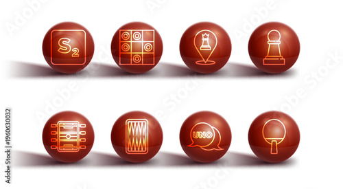 Set line Bingo, Hockey table, Chess, Uno card game, Backgammon board, Board of checkers, Racket and icon. Vector