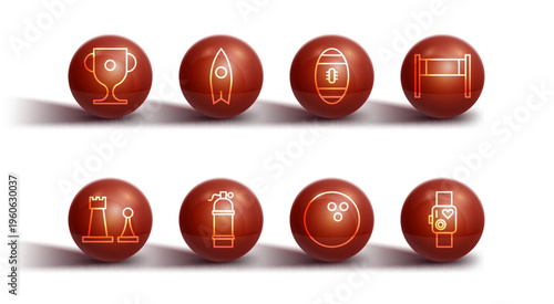 Set line Award cup, Chess, Volleyball net, Bowling, Aqualung, Surfboard, Smart watch showing heart beat rate and American Football icon. Vector