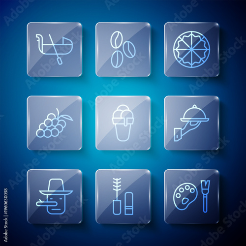 Set line Pinocchio, Mascara brush, Paint with palette, Pizza, Ice cream, Grape fruit, Gondola and Covered tray of food icon. Vector