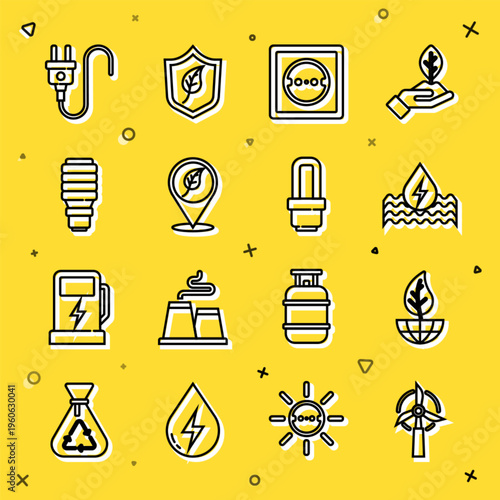 Set line Wind turbine, Earth globe and leaf, Water energy, Electrical outlet, Location with, LED light bulb, plug and icon. Vector