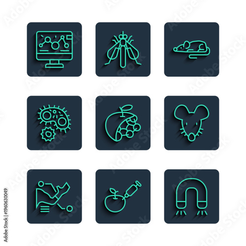 Set line Prosthesis hand, Genetically modified apple, Magnet, Experimental mouse, Biological structure, Virus, engineering modification and icon. Vector