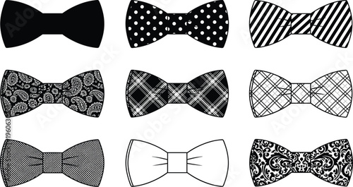 Black-and-white vector illustration of nine bow ties arranged in grid, showcasing diverse patterns, textures, and designs for fashion, style, accessories, and decorative artwork