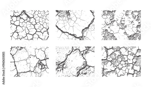 Six monochrome cracked earth textures with irregular fissures and granular details