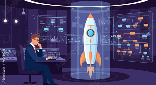 Futuristic Rocket Launch Control Center Simulation.