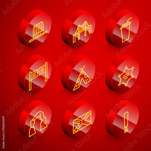 Set line Patriotic American top hat, Golden gate bridge, Paper glass with straw, Saloon door, Indian teepee wigwam, Hexagram sheriff, Grand canyon and Flag Confederate icon. Vector