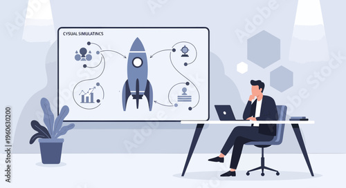 Man in suit contemplating business strategy on laptop with rocket launch diagram on screen.