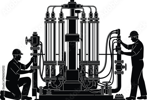 Black-and-white vector illustration of two workers in safety helmets operating and maintaining complex industrial machine with hydraulic cylinders, pipes, 