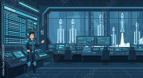 Man in futuristic control room with rockets launching.